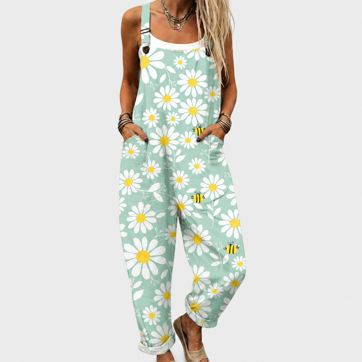 Sleeveless Daisy Bee Print Pocket Overall Jumpsuit