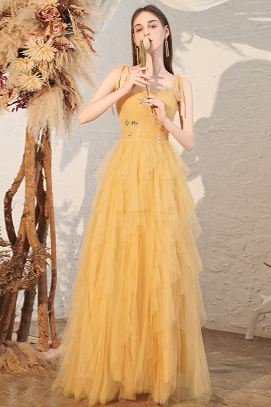 Tulle Spaghetti Strap Square Neck Tiered Ruffle Maxi Prom Dress - View 3
