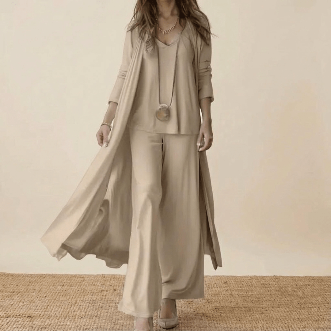 Long Duster Cami Top and Wide Leg Pants Three Piece Set