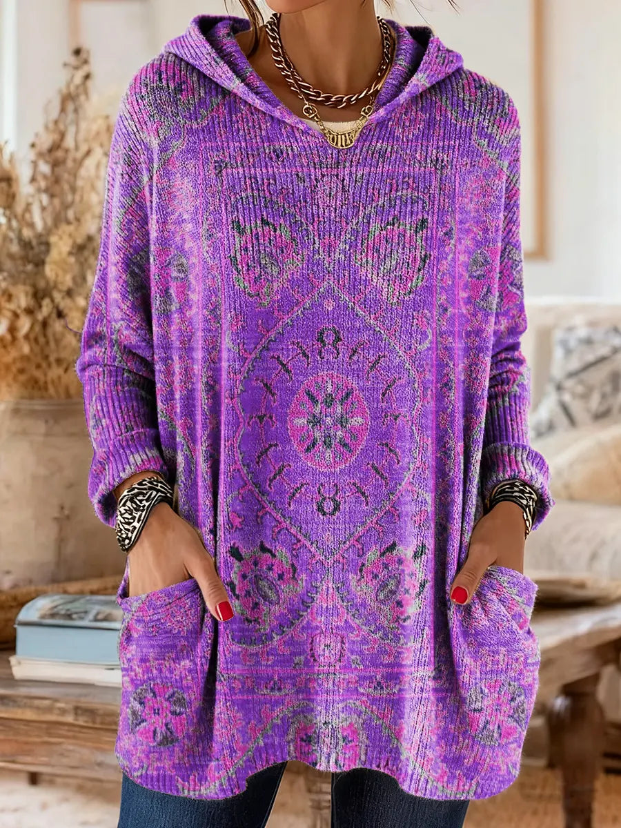 Medallion Print Hooded Oversized Tunic Sweater 11