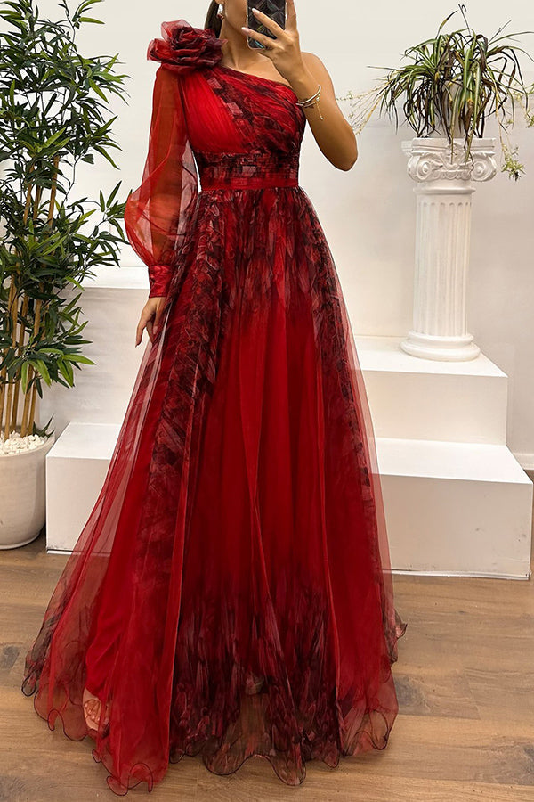 Tulle Off Shoulder Asymmetrical One Sleeve Maxi Dress - View 11