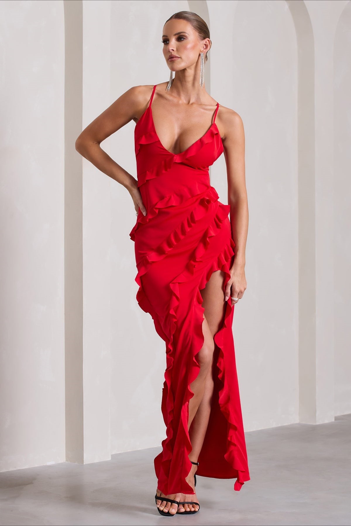 Spaghetti Strap Deep V-Neck Ruffle High Split Maxi Party Dress - View 5