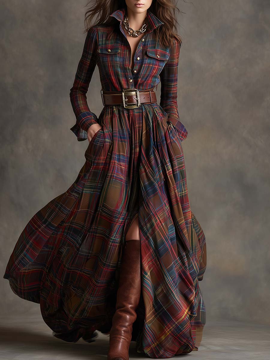 Collared Long Sleeve Belted Plaid Shirt Maxi Dress 2