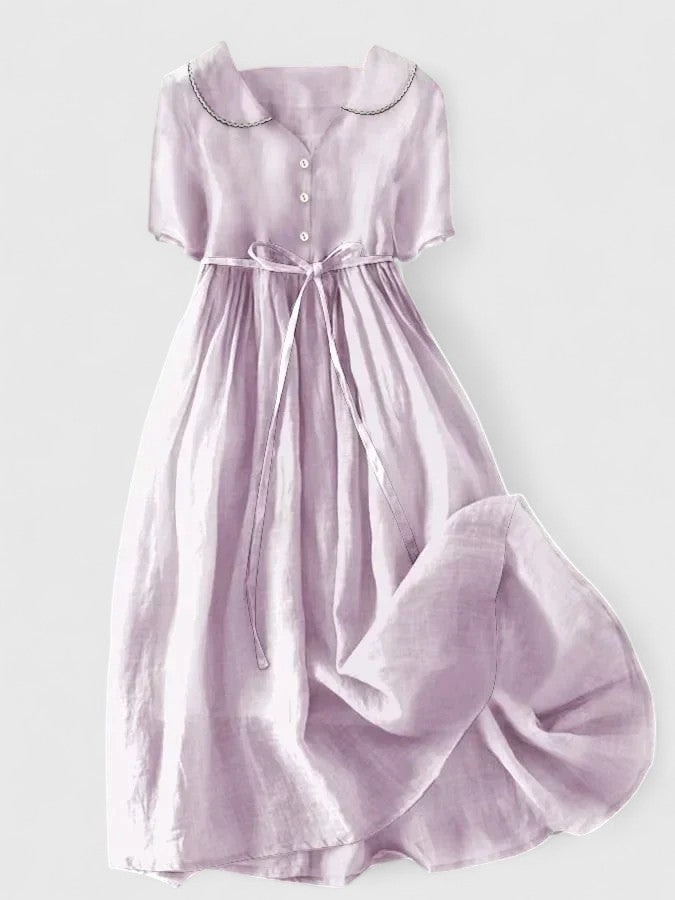 Oversized Collar Button Front Waist Tie Short Sleeve Midi Dress 2