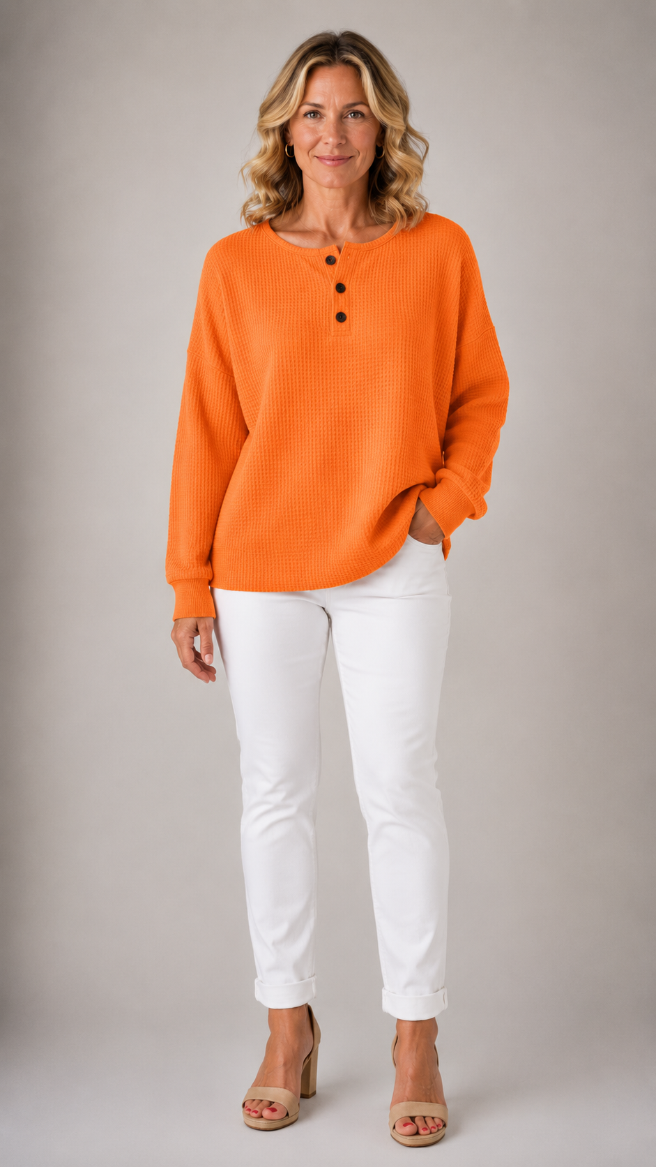 Waffle Knit Button Placket Drop Shoulder Sweater