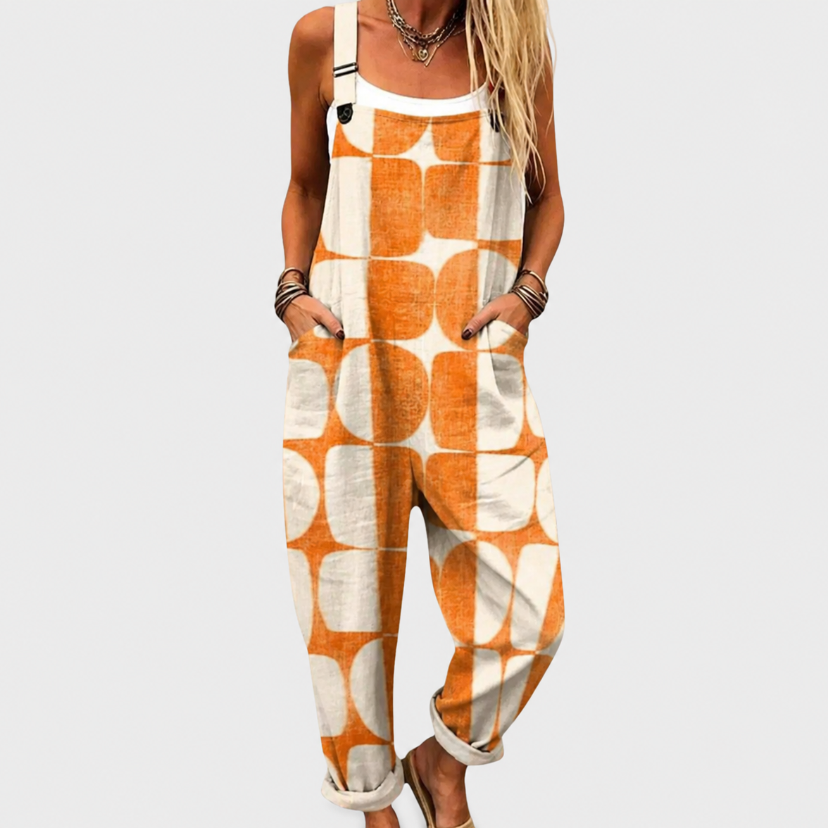 Geometric Print Sleeveless Pocket Strap Overall Jumpsuit