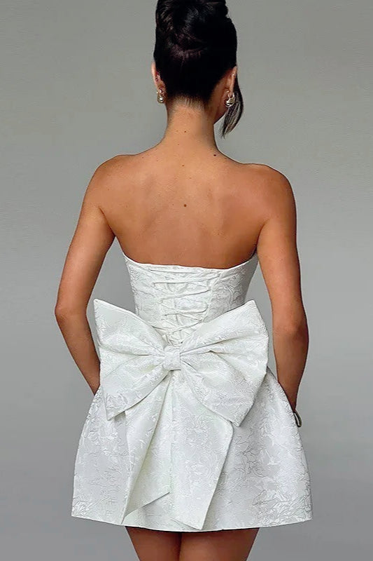 Jacquard Strapless Bow Back Fit and Flare Mini Dress in Pink - View 5