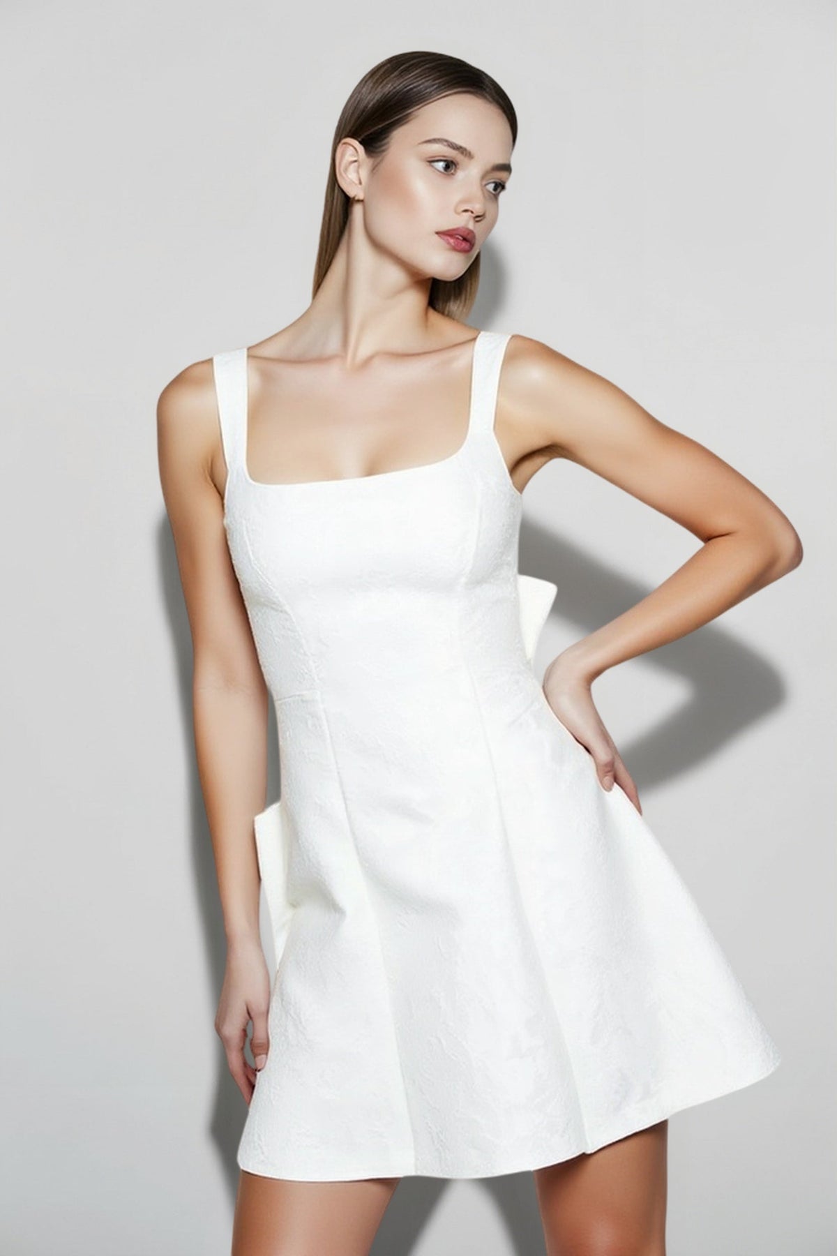 Jacquard Square Neck Bow Back Fit and Flare Mini Dress
