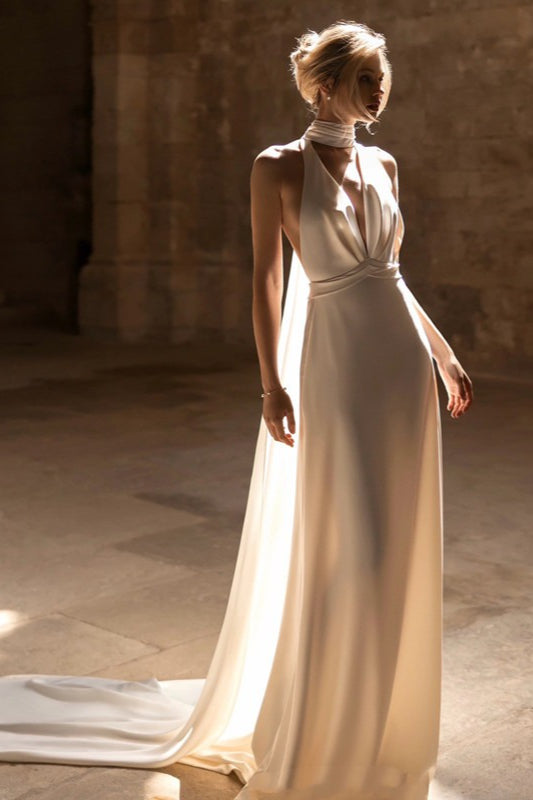 Halter Neck Deep V Draped Satin High Split Maxi Gown