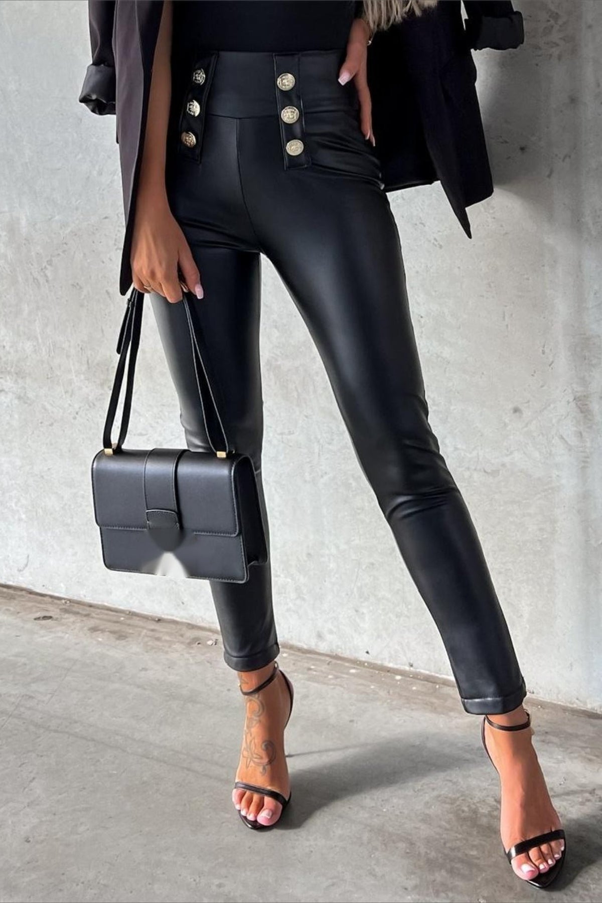Buttoned PU Slim Fit Tight Fashion Pants
