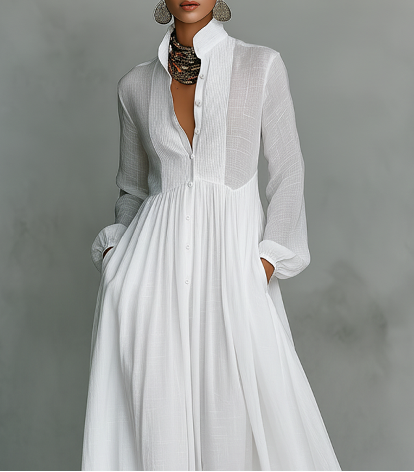 Stand Collar Long Sleeve Button Front Maxi Shirt Dress 3
