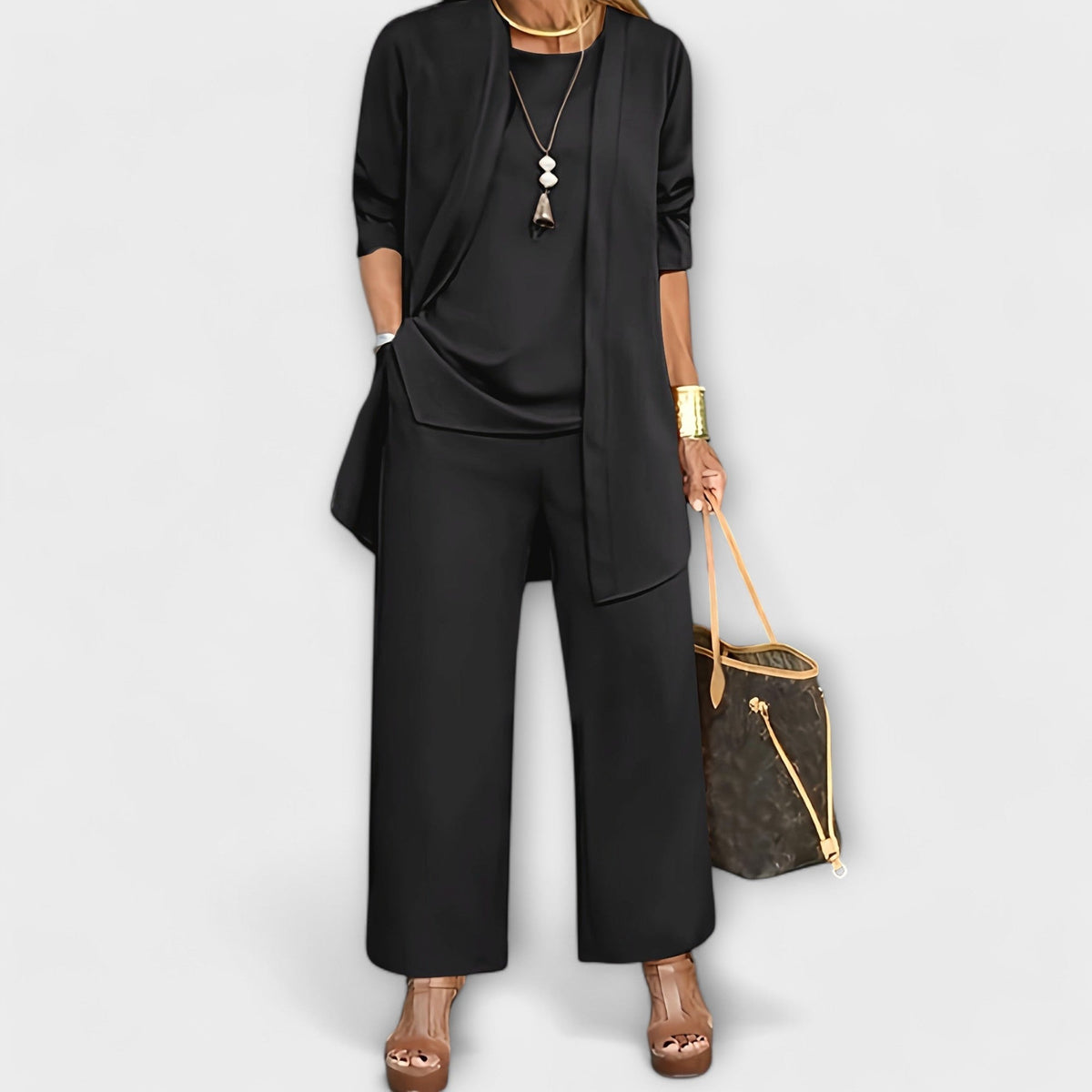 Longline Duster Cardigan Top and Wide Leg Pants Three Piece Set 6