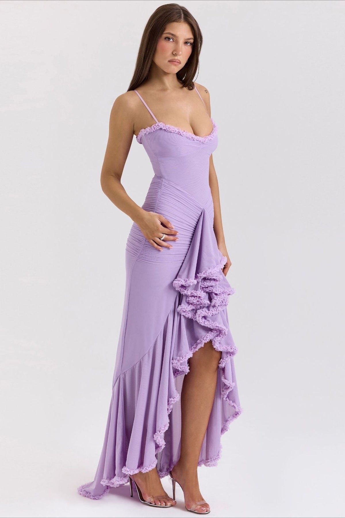 Spaghetti Strap Ruffle Trim High Low Asymmetrical Mini Party Dress - View 11
