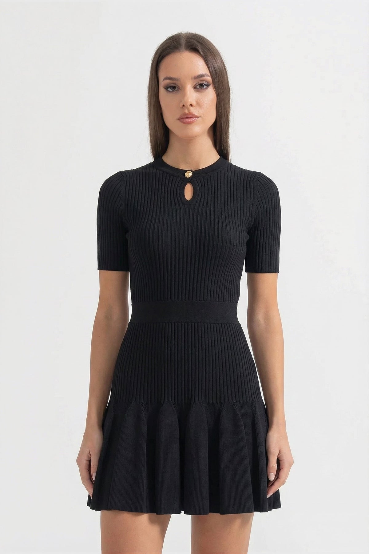 Ribbed Knit Mini Dress With Gold Button Keyhole Neckline - Black - View 6