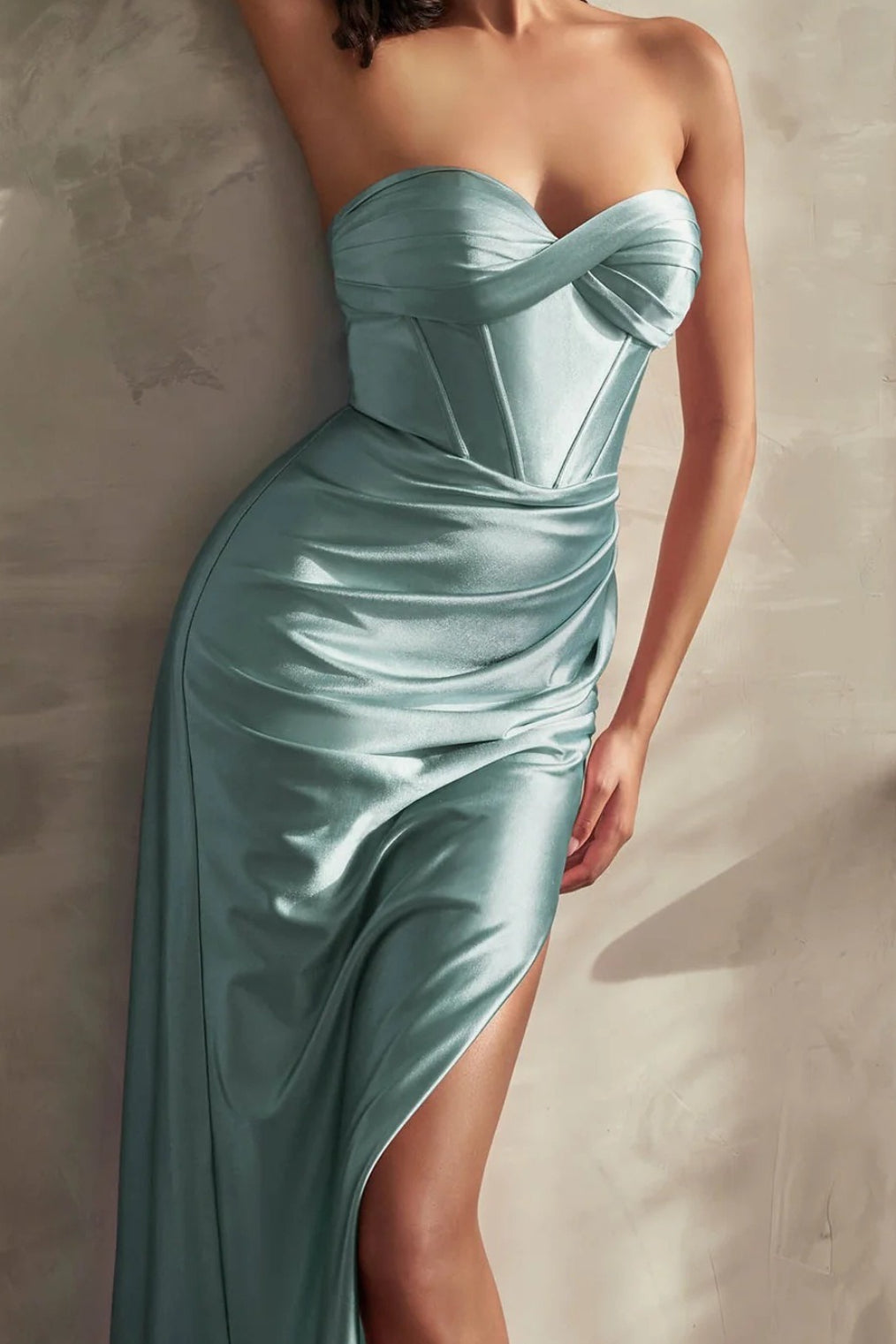 Strapless Sweetheart Corset Ruched Satin High Split Maxi Dress