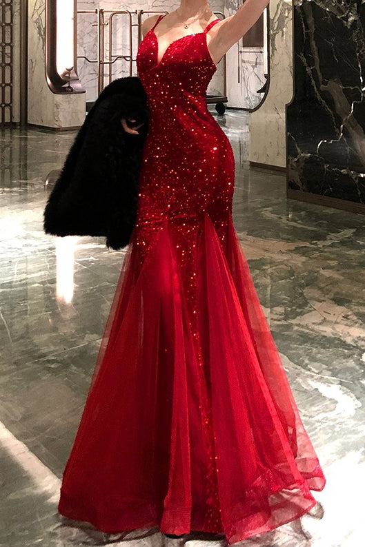 Sequin Sweetheart Spaghetti Strap Tulle Mermaid Maxi Gown - View 3