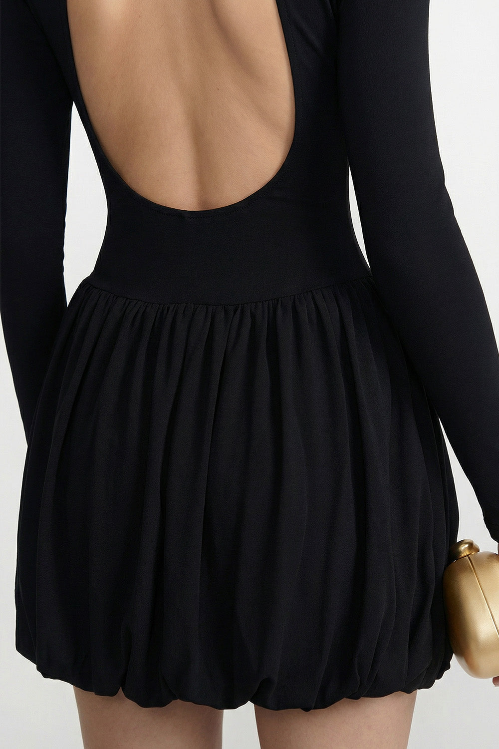 Long Sleeve Mini Dress With Draped Bubble Skirt - Black - View 3