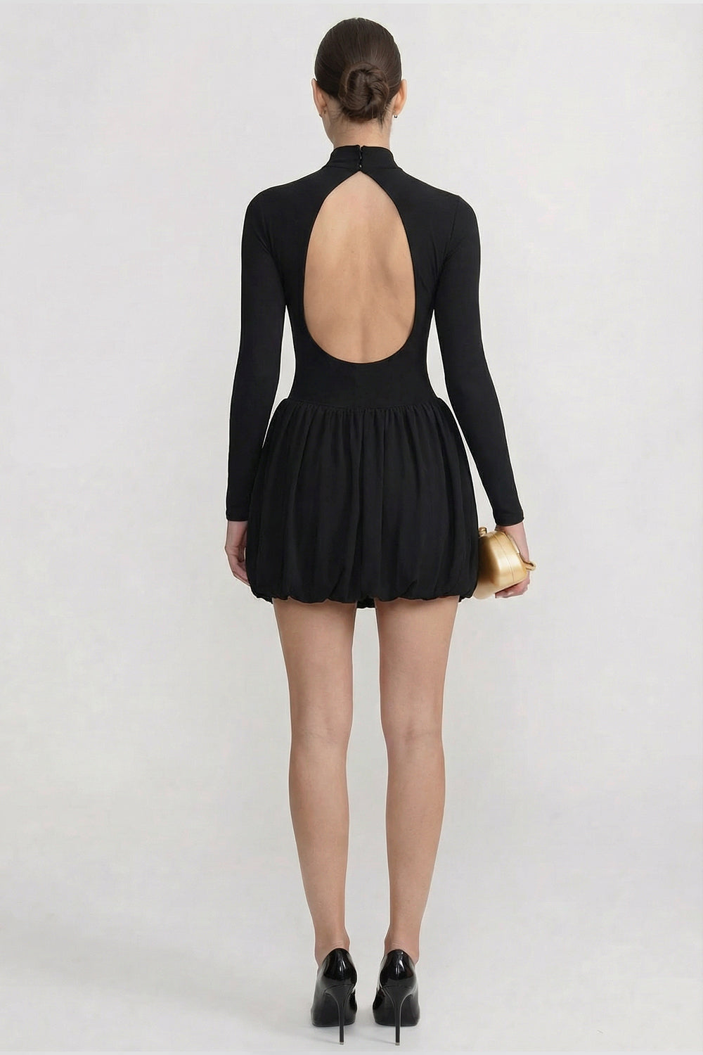 Long Sleeve Mini Dress With Draped Bubble Skirt - Black - View 4