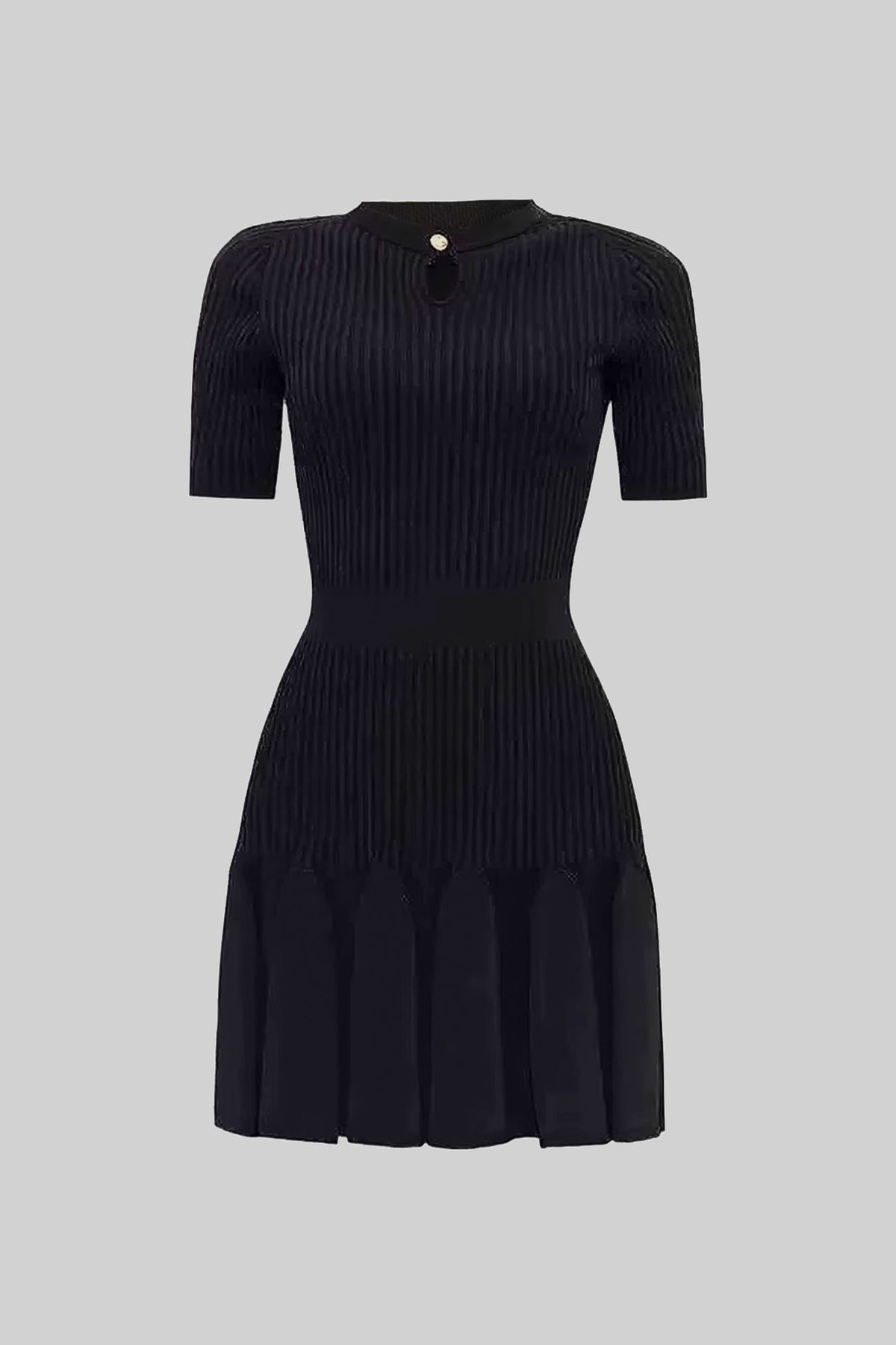 Ribbed Knit Mini Dress With Gold Button Keyhole Neckline - Black - View 5