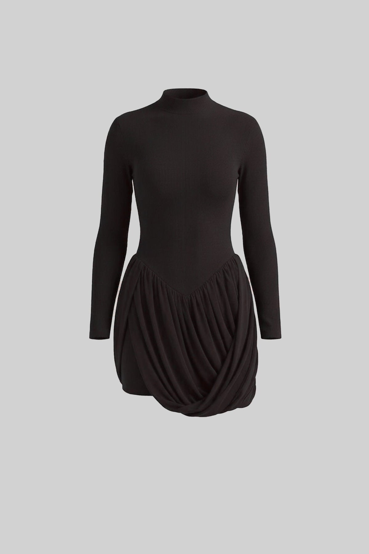Long Sleeve Mini Dress With Draped Bubble Skirt - Black - View 2