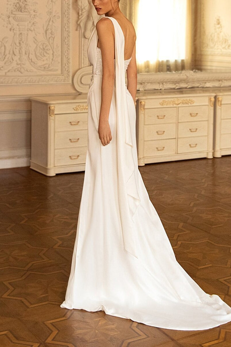 Satin One Shoulder Sequin Ruched High Split Mermaid Gown - View 3
