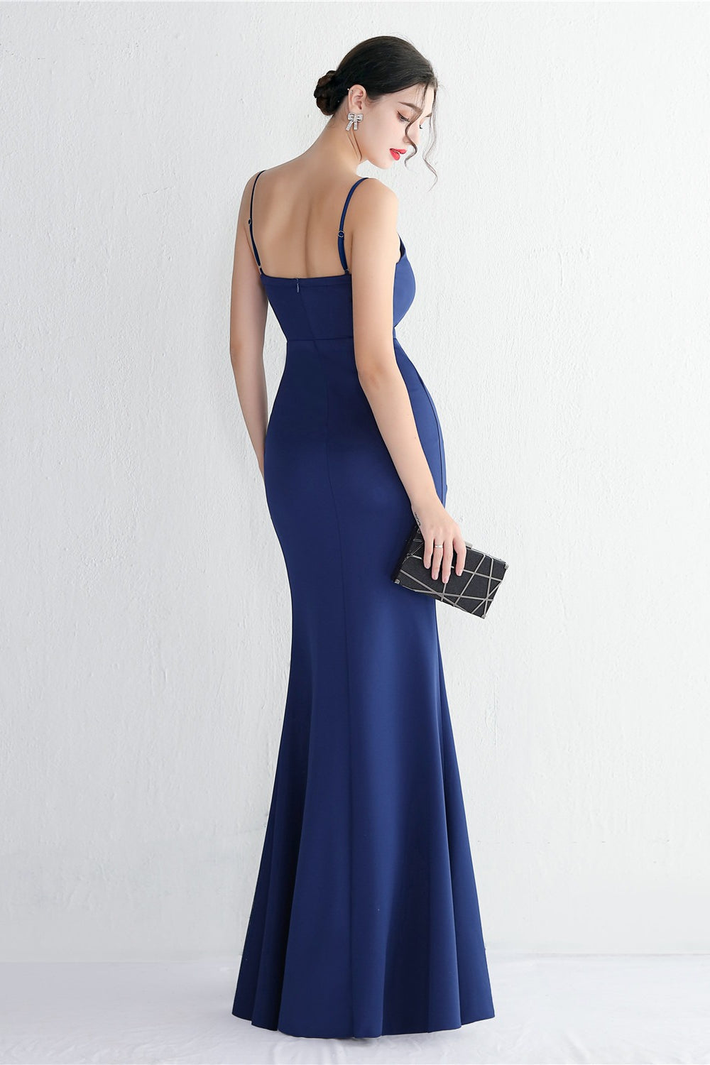 Satin Spaghetti Strap V-Neck Ruched High Split Maxi Gown - View 18