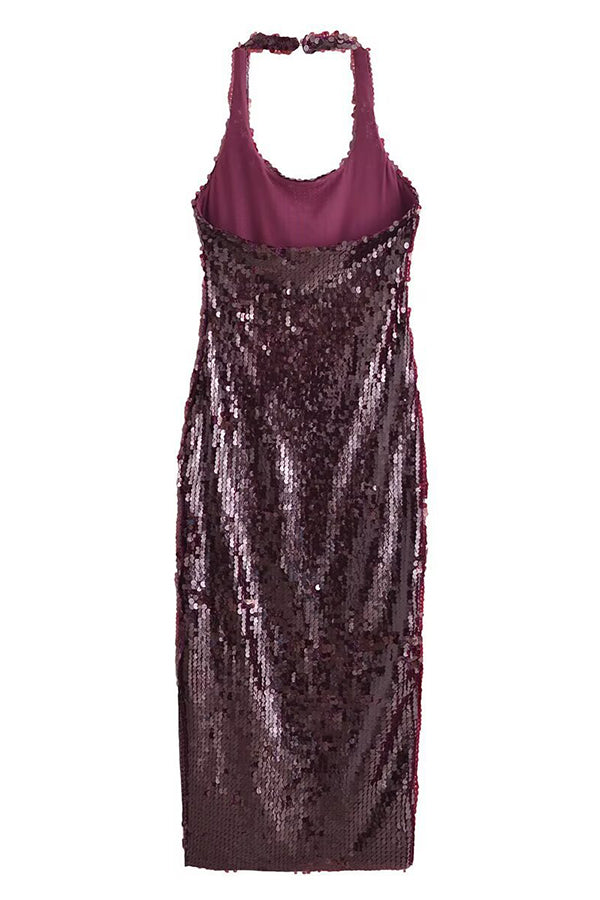 Sequin Halter Neck Backless High Split Bodycon Midi Dress - View 7