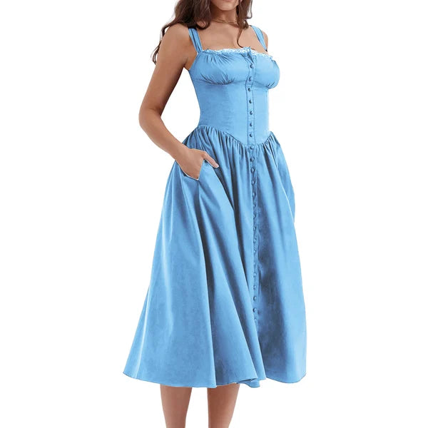 Lace Trim Square Neck Corset Button Front Basque Waist Midi Dress - View 3