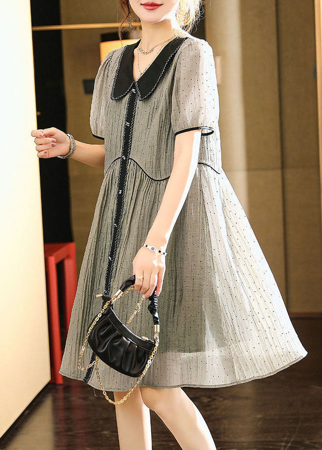 Swiss Dot Peter Pan Collar Puff Sleeve Wavy Piping A-Line Dress