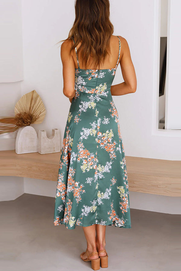 Floral Satin Spaghetti Strap Cut Out High Split Midi Dress - View 5