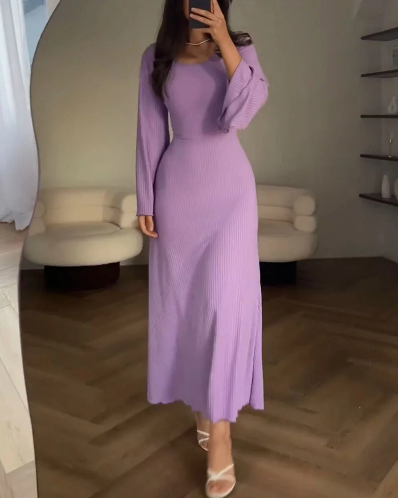 Scoop Neck Bell Sleeve Ribbed Knit Bodycon Maxi Dress - View 5