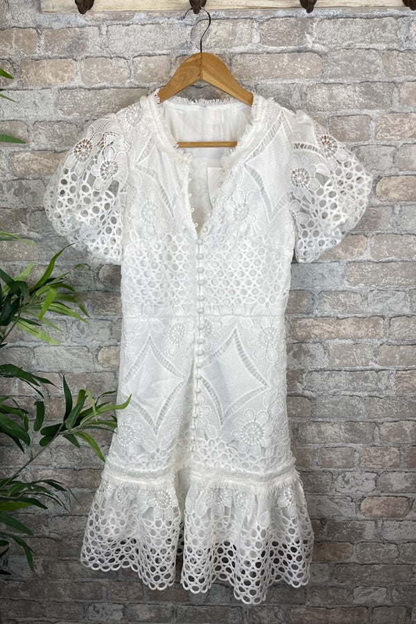 Gilda Crochet Lace Puff Sleeve Button Mini Dress - View 5