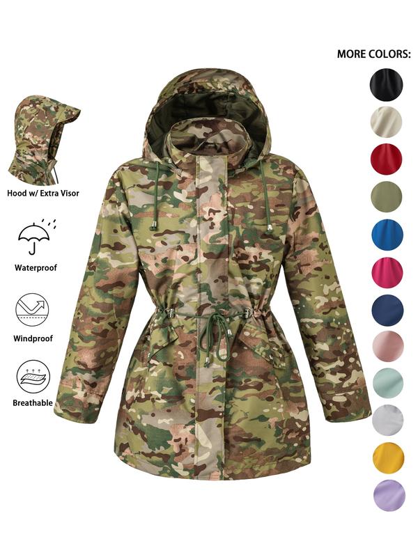 Hooded Zip Front Drawstring Waist Rain Jacket 13