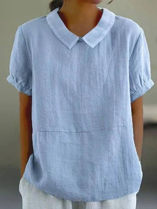 Peter Pan Collar Short Puff Sleeve Linen Look Top