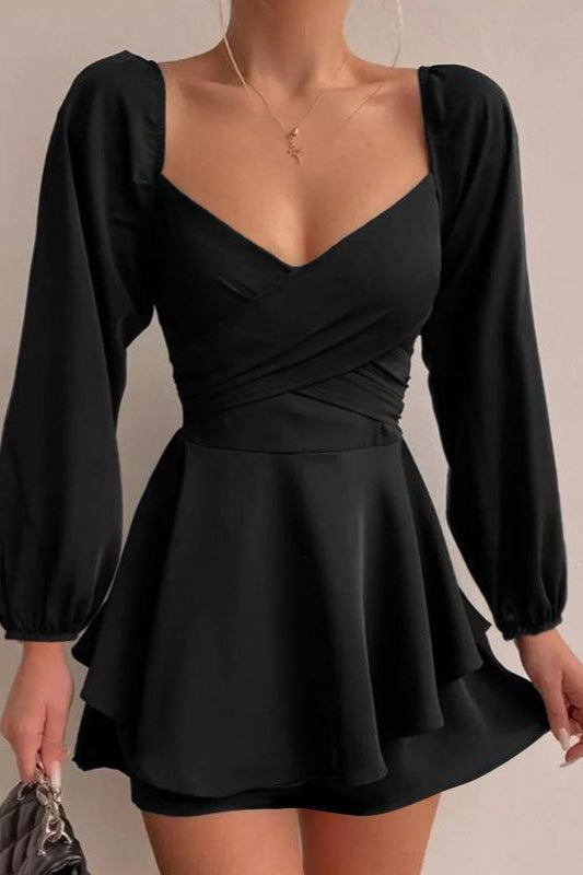 Deep V-Neck Wrap Ruched Balloon Sleeve Tiered Mini Cocktail Dress - View 2