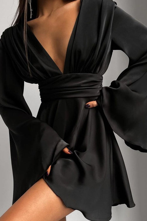 Satin Deep V Backless Flare-Sleeve Silk Dress