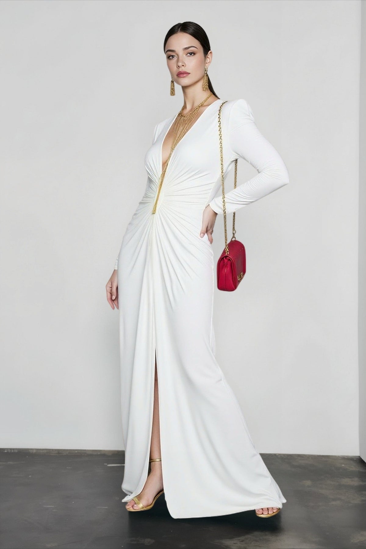 Deep V-Neck Long Sleeve Twist Front High Split Maxi Dress - View 2