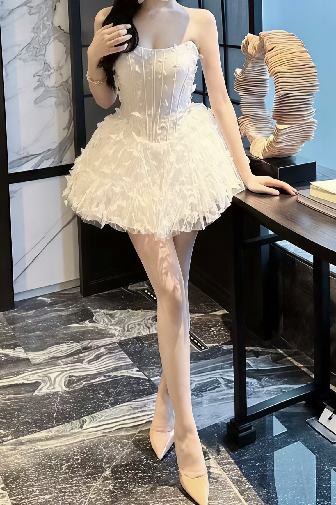 Strapless Corset Butterfly Appliqué Tulle Ruffle Mini Dress - View 7