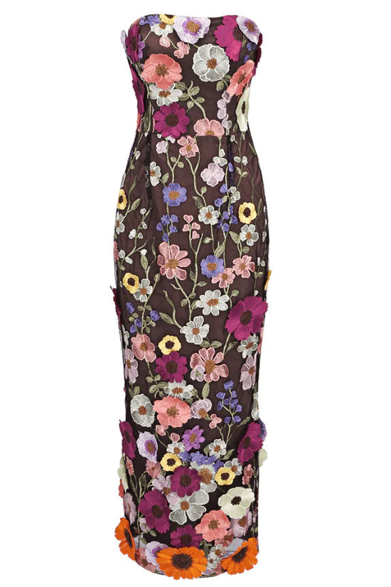 Floral Embroidered Strapless Bodycon Midi Cocktail Dress - View 3