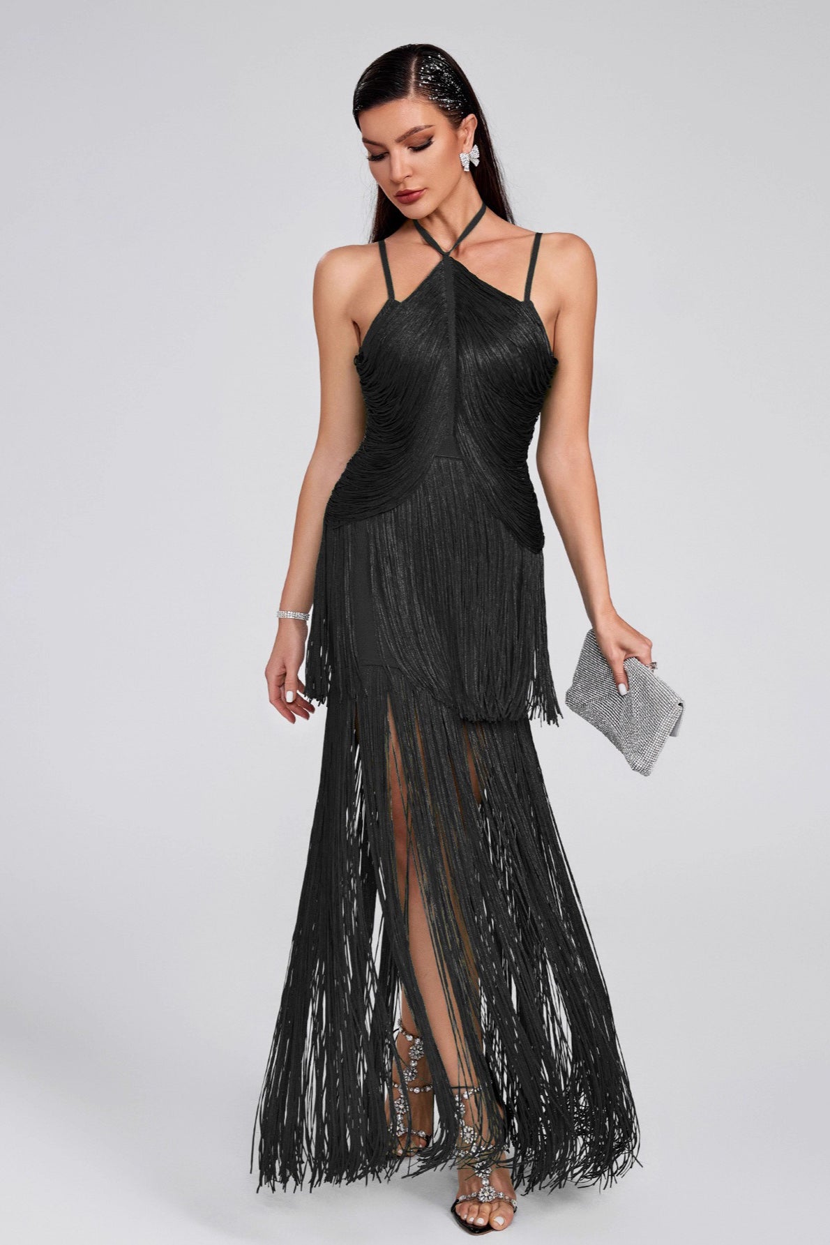 Halter Sling Maxi Fringe Hem Cocktail Dress - View 7