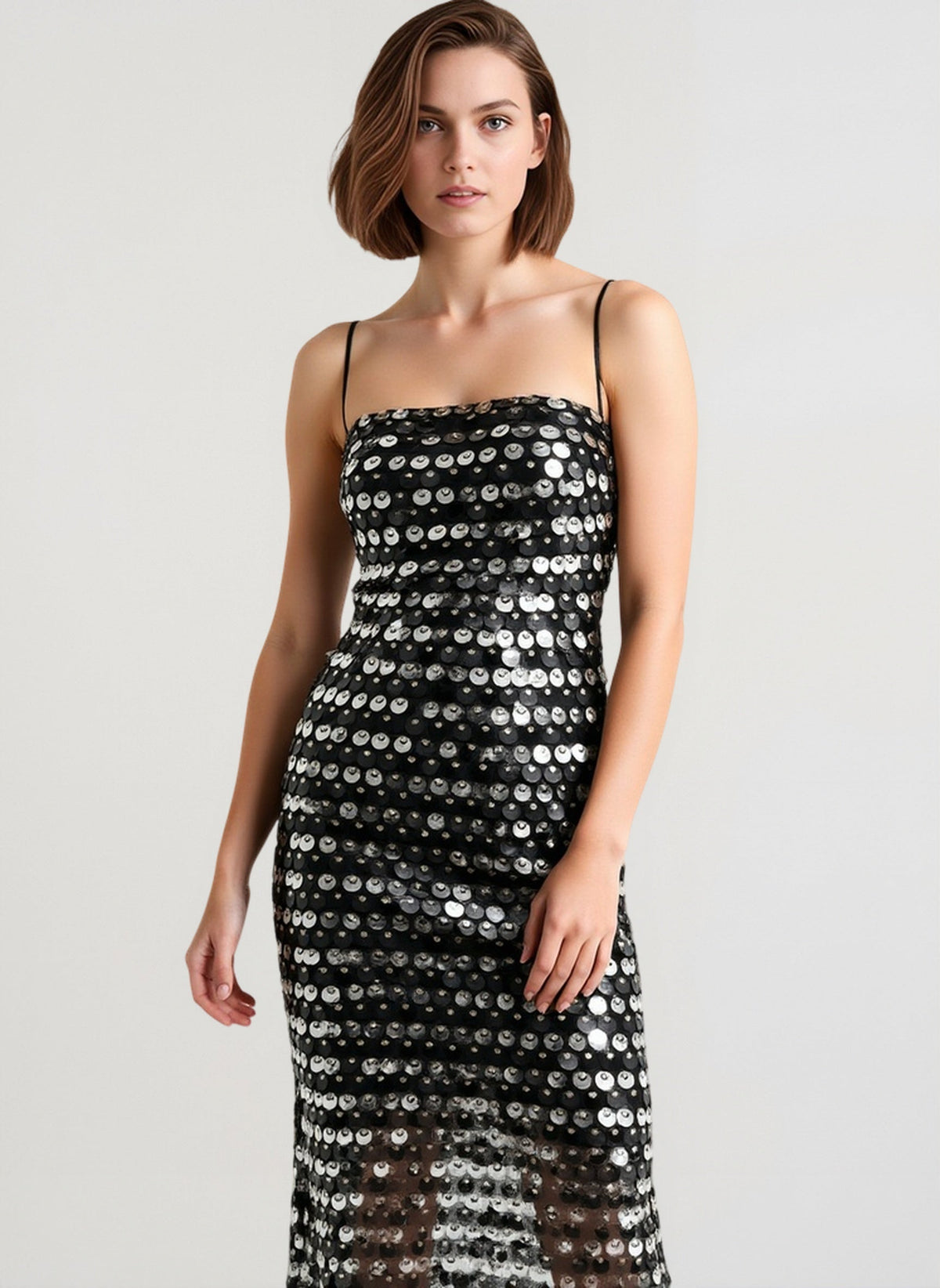 Sequin Striped Spaghetti Strap Square Neck Bodycon Midi Dress - View 3