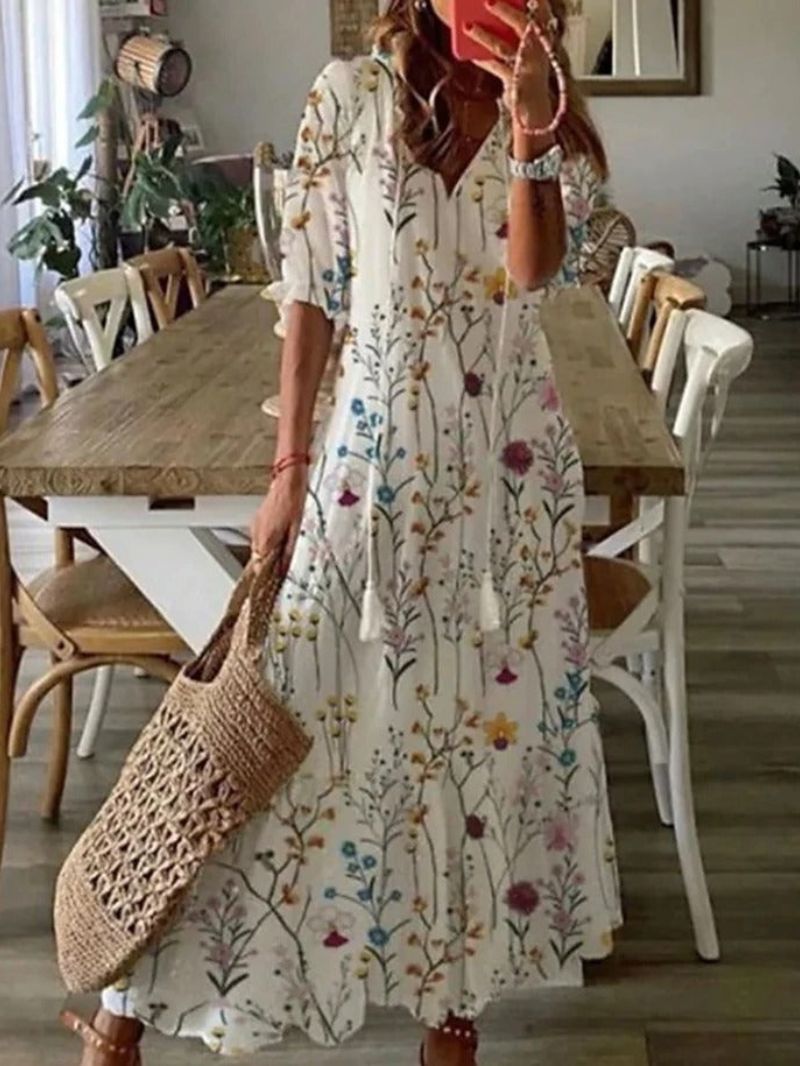 Wildflower Print V-Neck Tassel Tie Short Sleeve A-Line Maxi Dress
