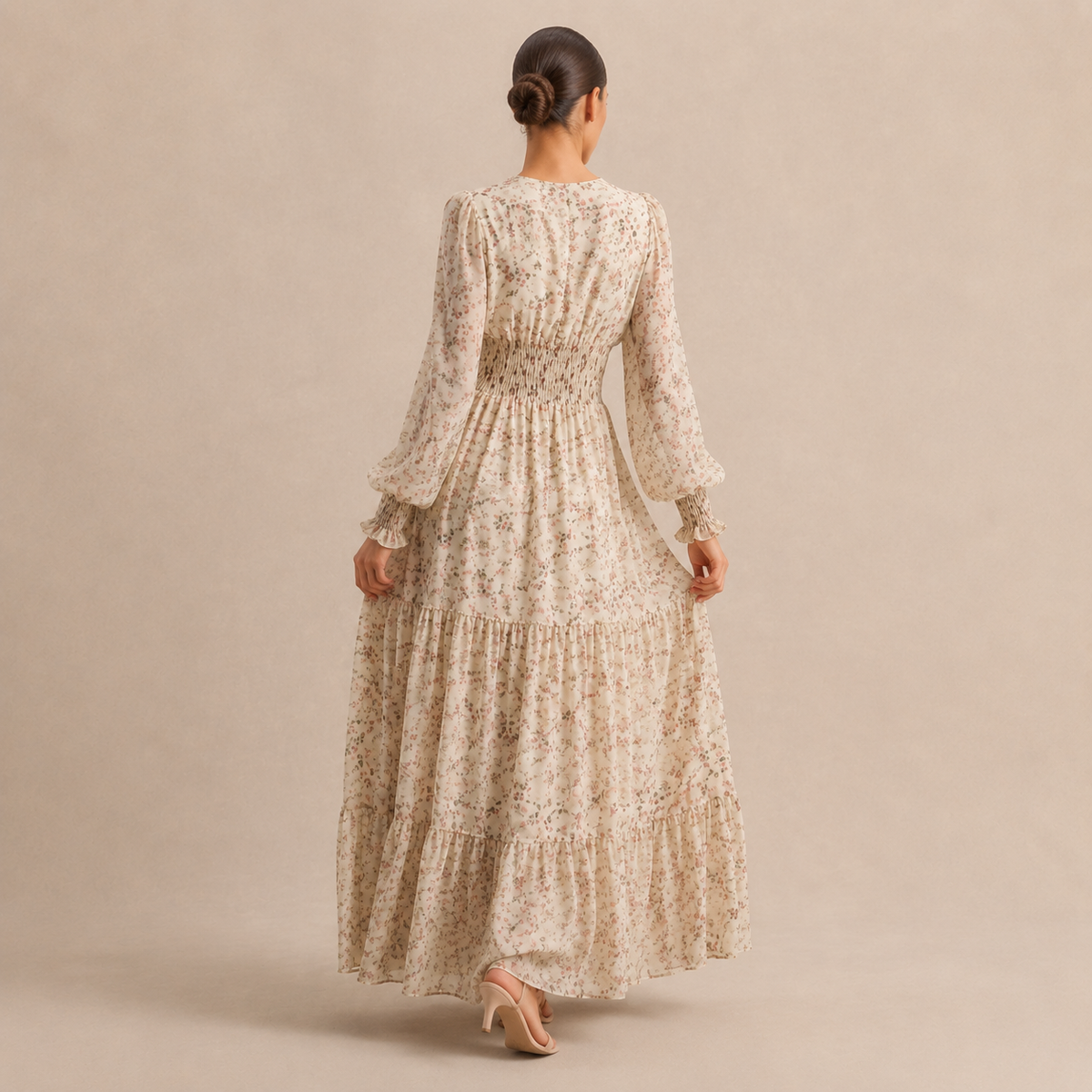 Floral V-Neck Long Sleeve Shirred Tiered Maxi Dress 3
