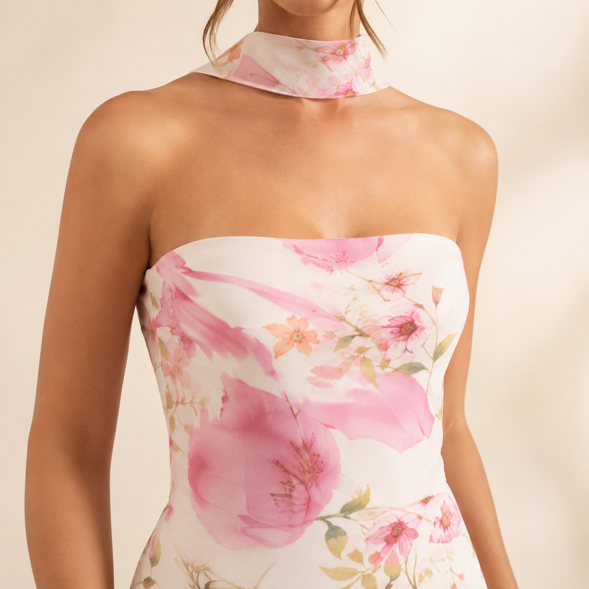 Strapless Floral Print Scarf Neck Mermaid Maxi Dress 2