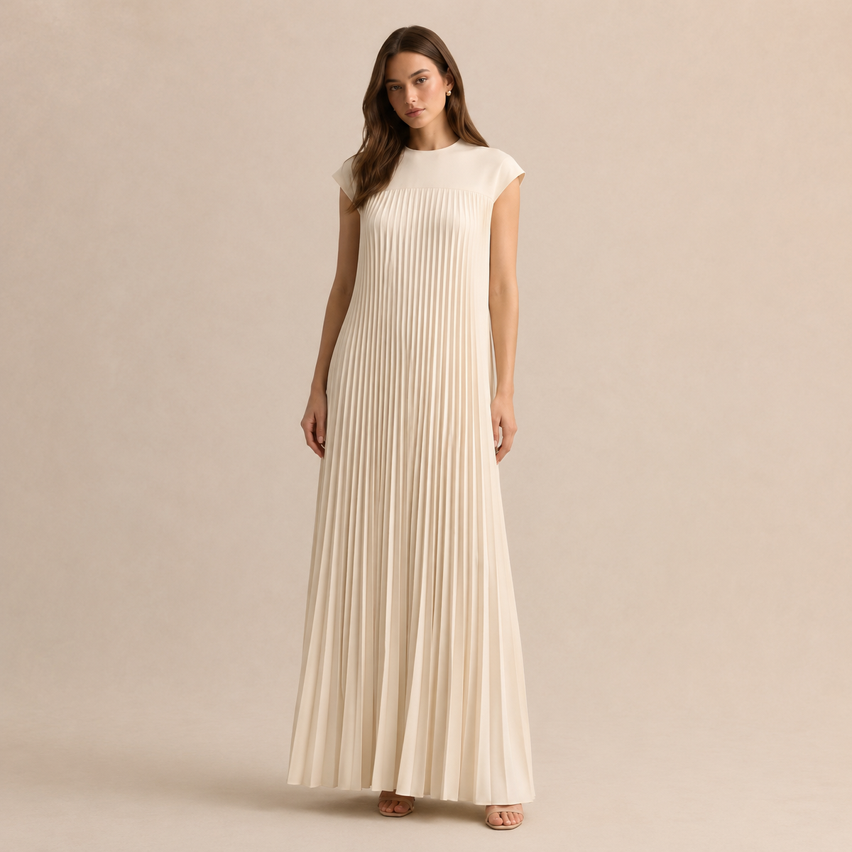 Crew Neck Cap Sleeve Pleated A-Line Maxi Dress 4