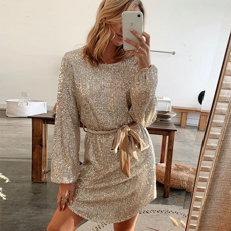 Sequin Bishop Sleeve Crew Neck Tie Belt Mini Party Dress