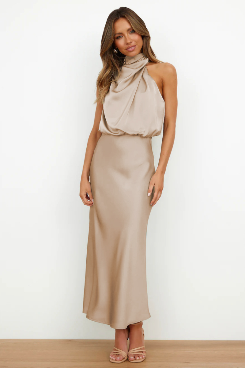Satin Halter Neck Cowl Draped Sleeveless Midi Cocktail Dress - View 2