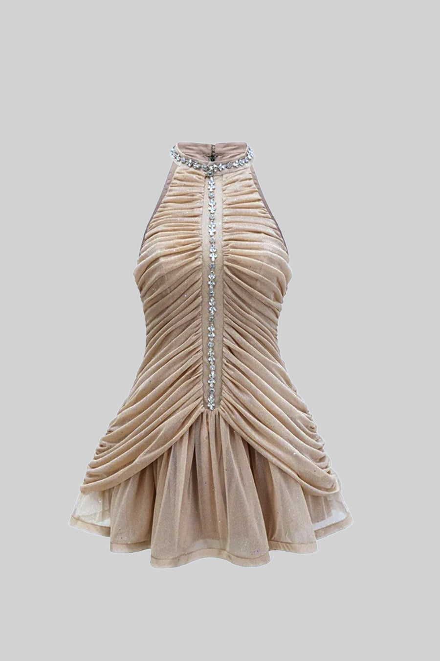 Mesh Halter Neck Rhinestone Collar Ruched Pleated Bubble Mini Dress