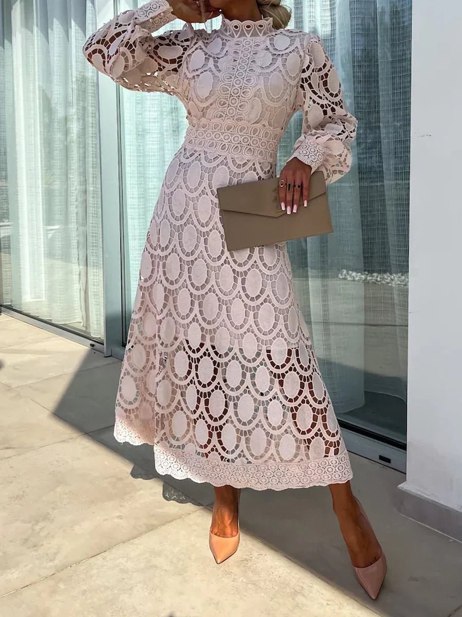 Guipure Lace Oval Cutout Mock Neck A-Line Midi Dress - View 6