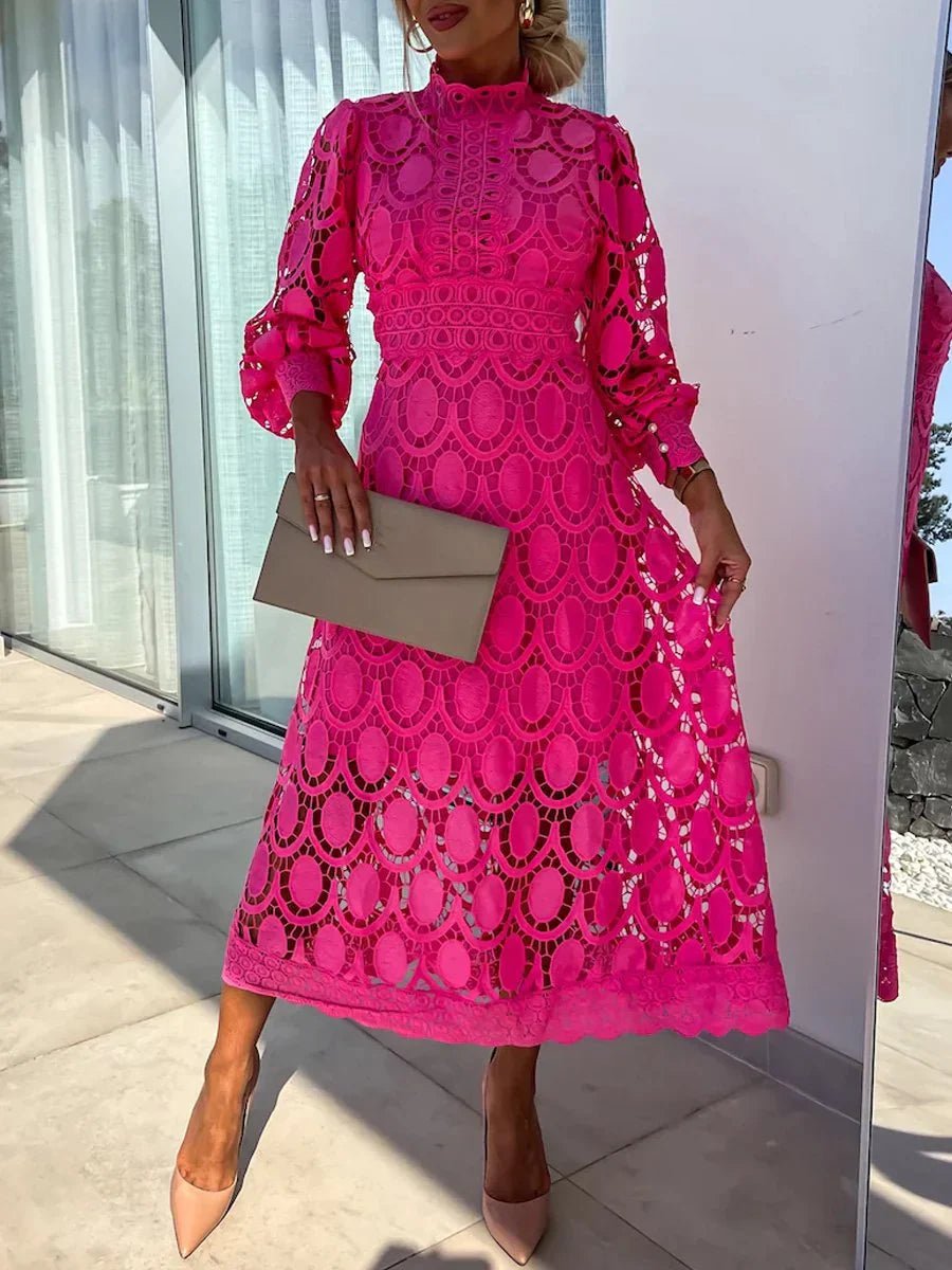 Guipure Lace Oval Cutout Mock Neck A-Line Midi Dress - View 7